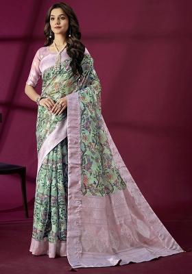 Purple Woven Silk Blend Saree Set