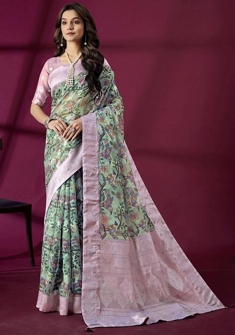 Purple Woven Silk Blend Saree Set