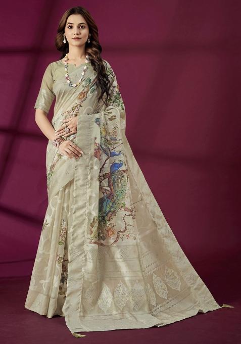 Grey Woven Silk Blend Saree Set