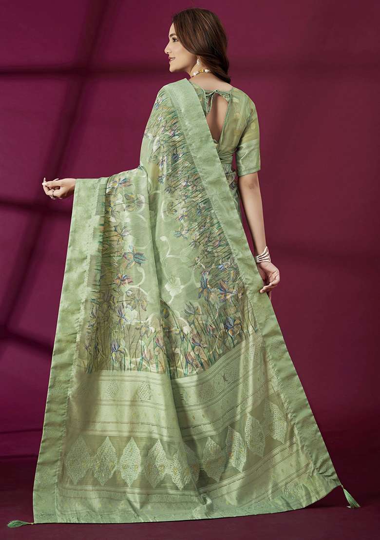 Green Woven Silk Blend Saree Set for Diwali | Wedding & Festive Wear - Indya