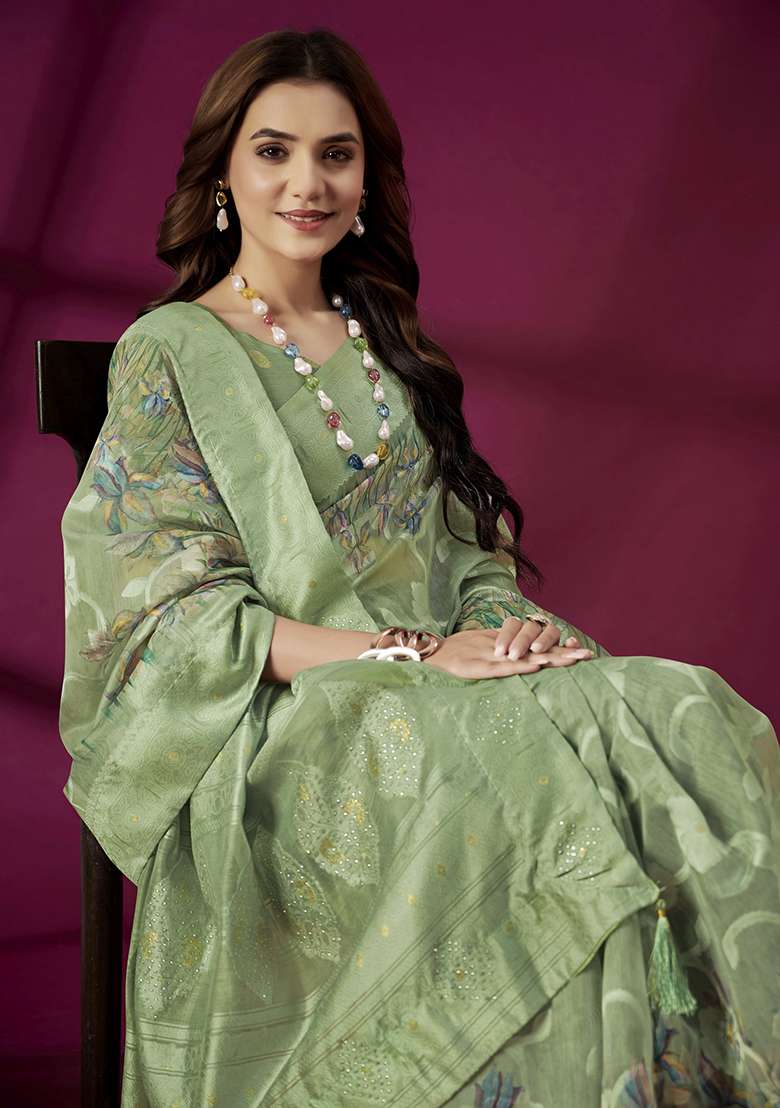 Green Woven Silk Blend Saree Set for Diwali | Wedding & Festive Wear - Indya