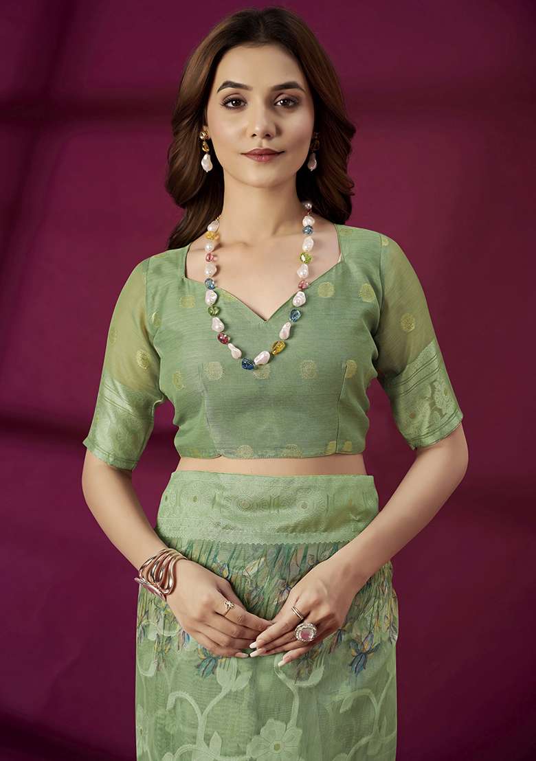 Green Woven Silk Blend Saree Set for Diwali | Wedding & Festive Wear - Indya
