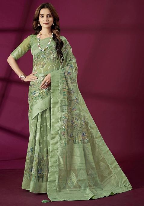 Green Woven Silk Blend Saree Set
