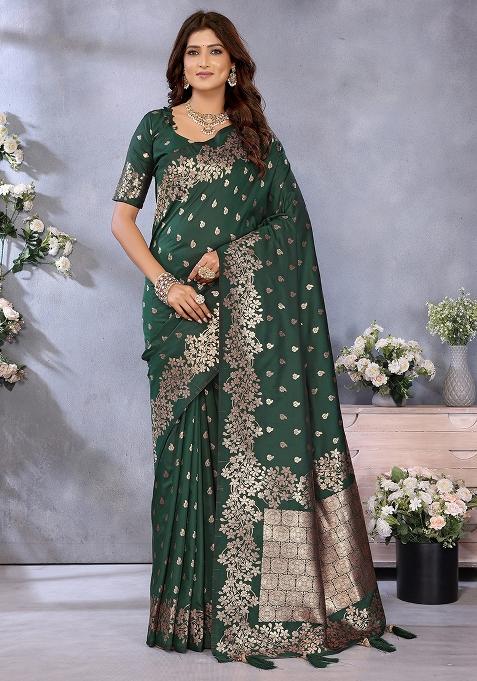 Green Woven Silk Blend Saree Set