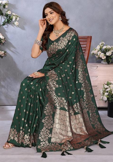 Green Woven Silk Blend Saree Set