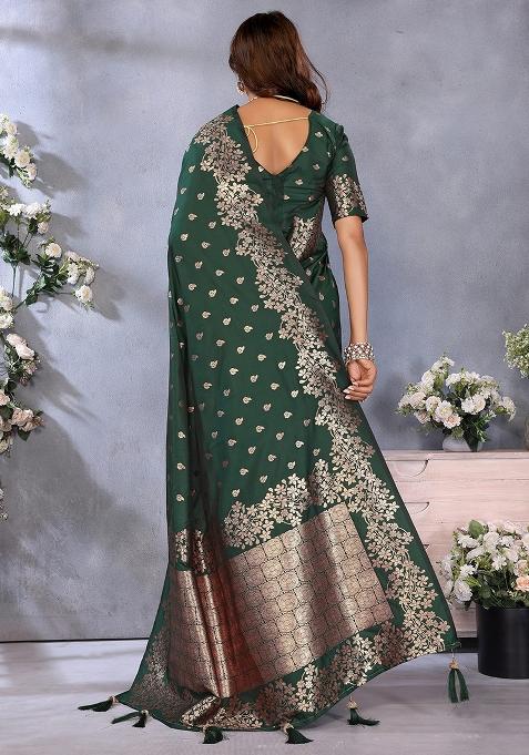 Green Woven Silk Blend Saree Set