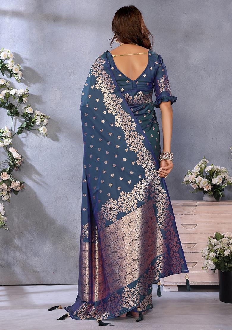 Teal Blue Woven Silk Blend Saree Set