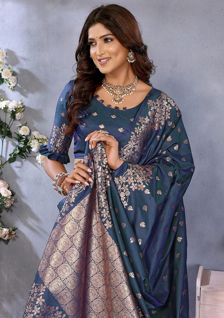 Teal Blue Woven Silk Blend Saree Set