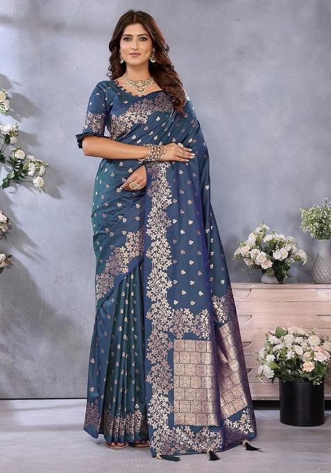Teal Blue Woven Silk Blend Saree Set