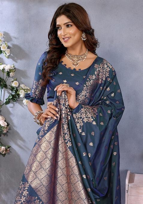 Teal Blue Woven Silk Blend Saree Set