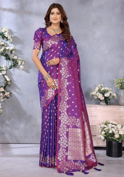 Purple Woven Silk Blend Saree Set