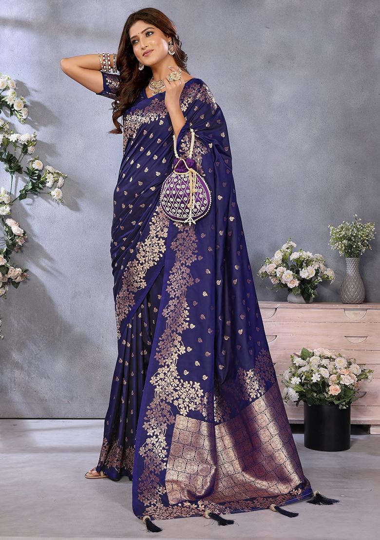 Blue Woven Silk Blend Saree Set - Indya