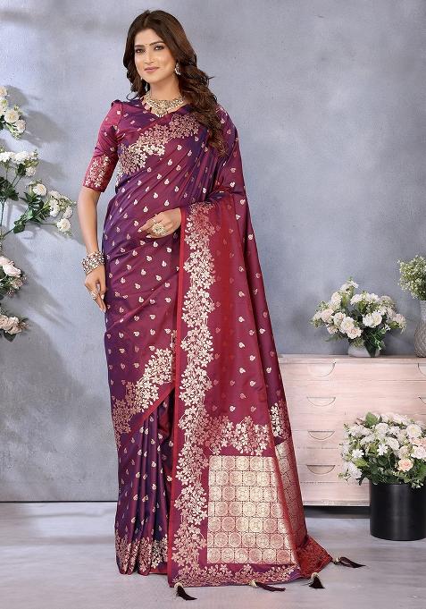 Wine Woven Silk Blend Saree Set