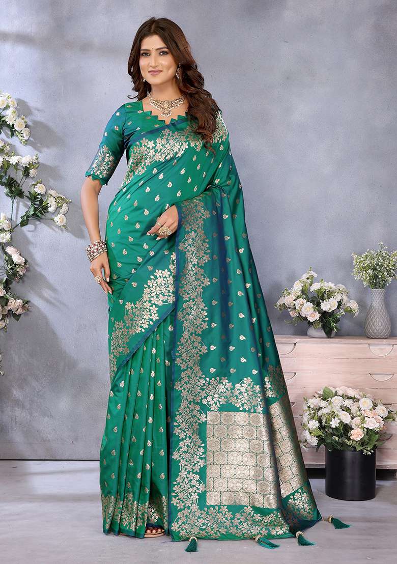 Green Woven Silk Blend Saree Set for Diwali | Wedding & Festive Wear - Indya