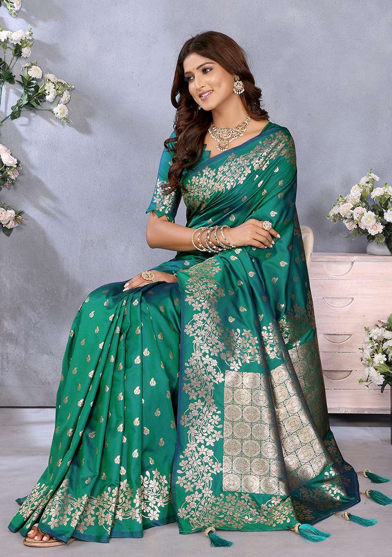 Green Woven Silk Blend Saree Set for Diwali | Wedding & Festive Wear - Indya