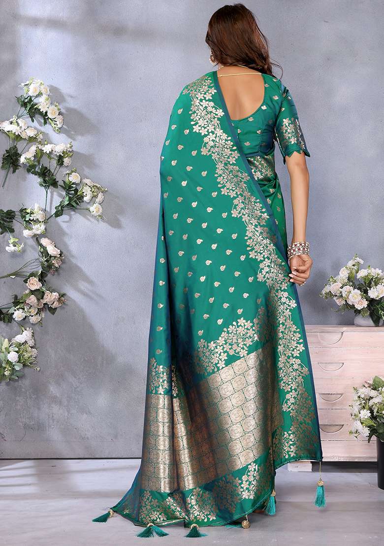 Green Woven Silk Blend Saree Set for Diwali | Wedding & Festive Wear - Indya