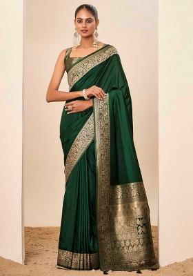 Green Woven Silk Blend Saree Set