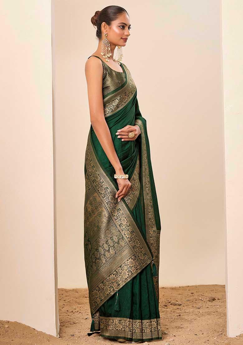 Green Woven Silk Blend Saree Set - Indya
