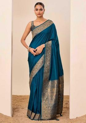 Teal Blue Woven Silk Blend Saree Set