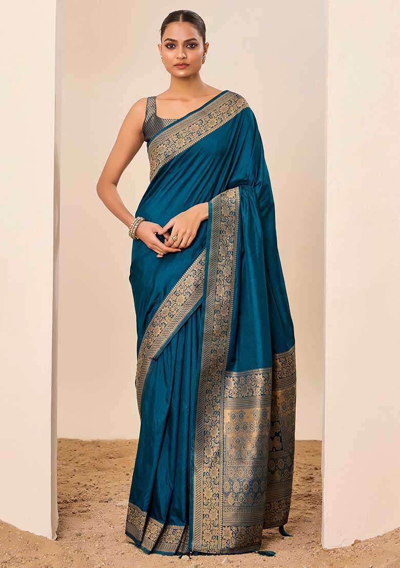 Teal Blue Woven Silk Blend Saree Set - Indya