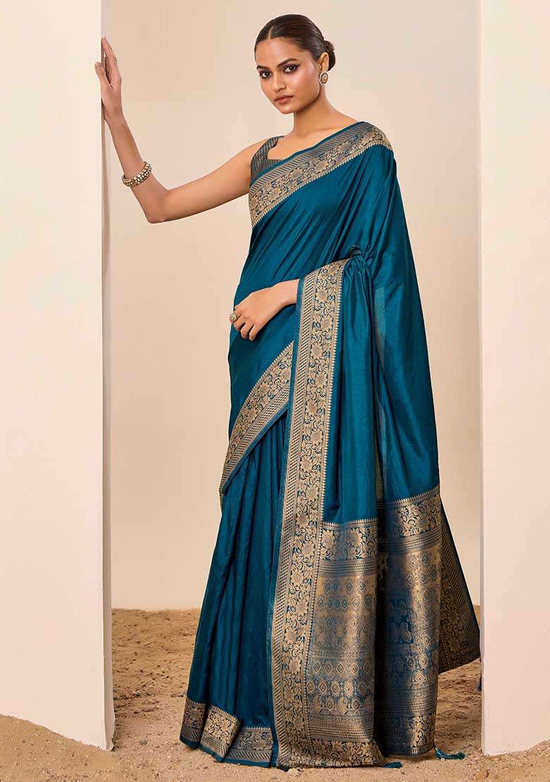 Teal Blue Woven Silk Blend Saree Set - Indya