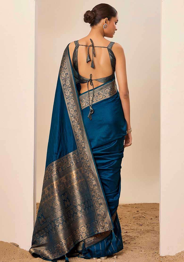 Teal Blue Woven Silk Blend Saree Set - Indya