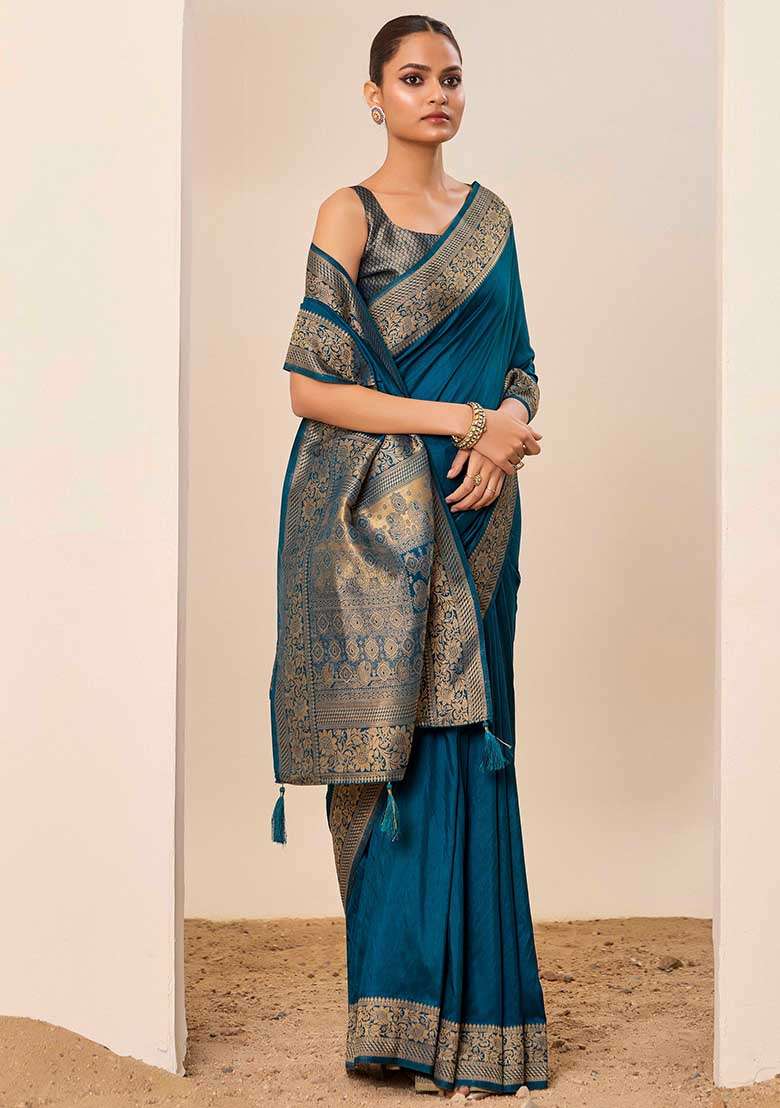 Teal Blue Woven Silk Blend Saree Set - Indya