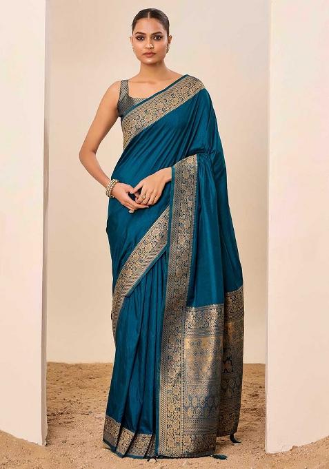 Teal Blue Woven Silk Blend Saree Set