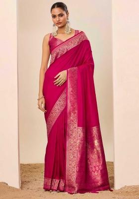 Pink Woven Silk Blend Saree Set