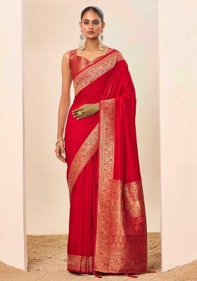 Red Woven Silk Blend Saree Set