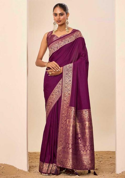 Wine Woven Silk Blend Saree Set