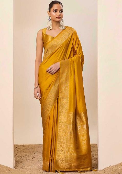 Yellow Woven Silk Blend Saree Set