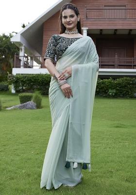 Green Printed Faux Georgette Saree Set