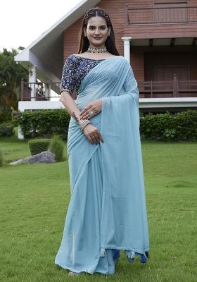 Sky Blue Printed Faux Georgette Saree Set