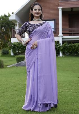 Lavender Printed Faux Georgette Saree Set