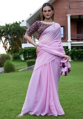 Purple Printed Faux Georgette Saree Set