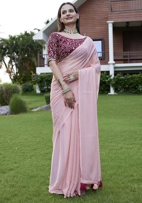 Pink Printed Faux Georgette Saree Set