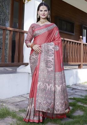 Red Printed Crepe Saree Set