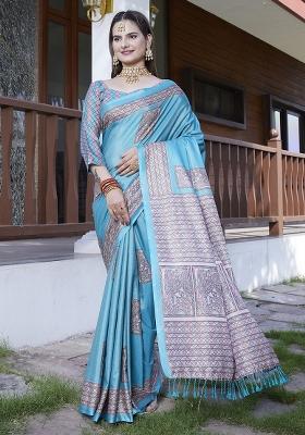 Teal Blue Printed Crepe Saree Set