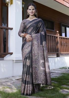 Black Printed Crepe Saree Set