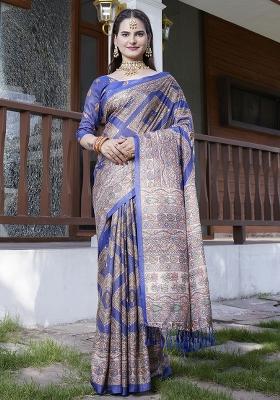 Blue Printed Crepe Saree Set