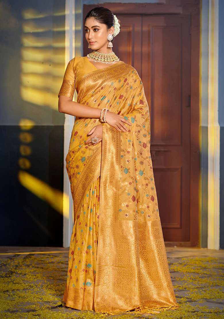 Yellow Woven Silk Blend Saree Set for Diwali | Wedding & Festive Wear - Indya