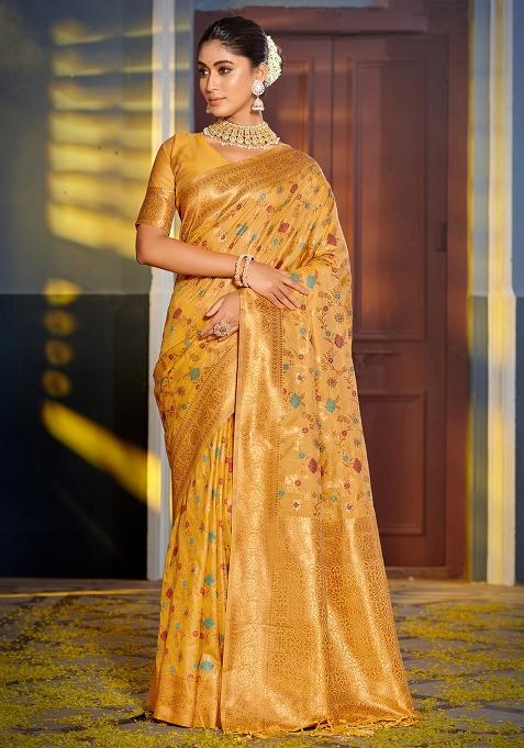 Yellow Woven Silk Blend Saree Set