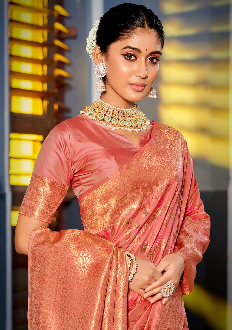 Peach Woven Silk Blend Saree Set
