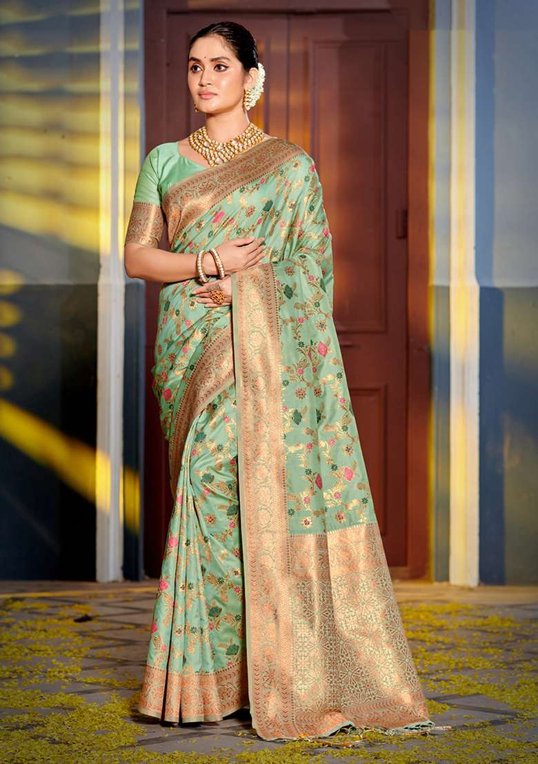 Sea Green Woven Silk Blend Saree Set for Diwali and Festive Wear - Indya