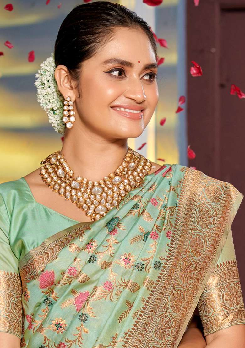 Sea Green Woven Silk Blend Saree Set for Diwali and Festive Wear - Indya