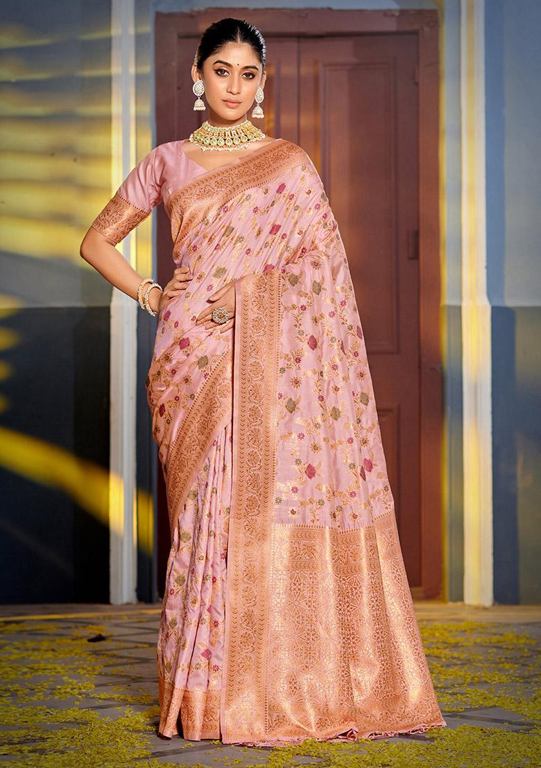 Pink Woven Silk Blend Saree Set
