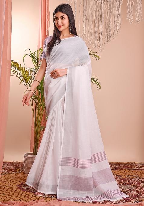 White Woven Blended Cotton Saree Set