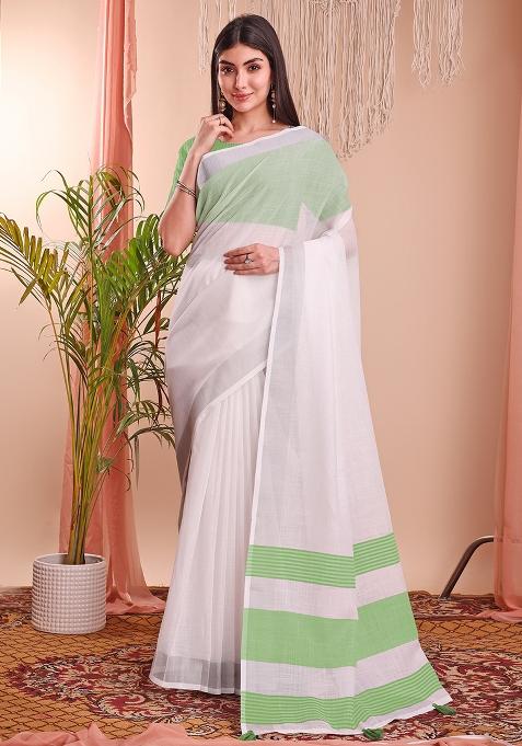 White Woven Blended Cotton Saree Set