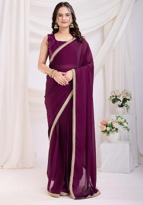 Purple Printed Art Silk Saree Set